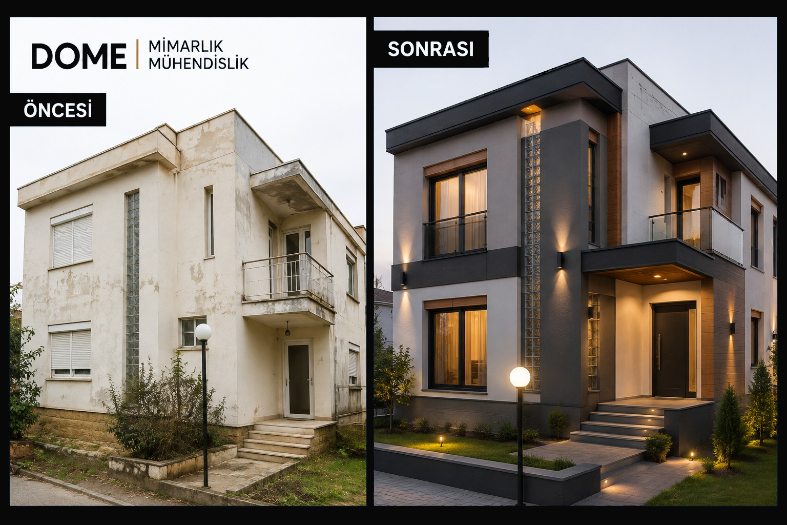 Tadilat öncesi ve sonrası cephe dönüşümü